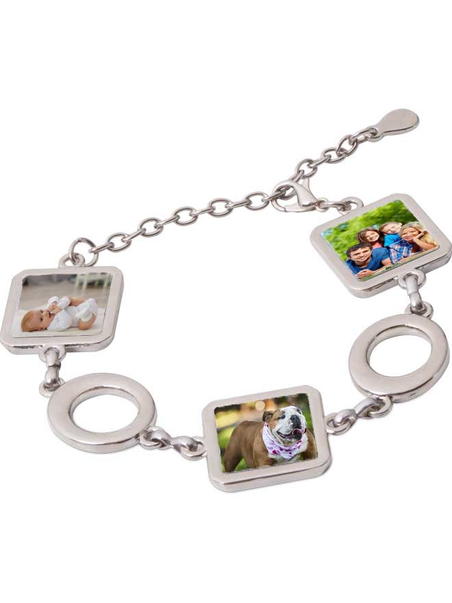 Custom printed square silver photo bracelet